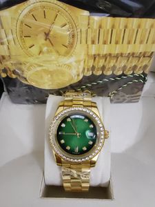 Certificado de caja original Presidente de oro de 18 quilates Relojes masculinos Día Fecha Diamantes Esfera verde Reloj de 41 mm Reloj de pulsera automático con bisel de diamante inoxidable para hombre 88