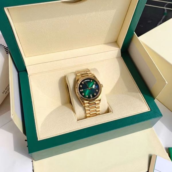 Certificado de caja original Presidente de oro de 18 quilates Hombre Relojes de 41 mm Día Fecha Diamantes Esfera verde Reloj Hombres Bisel inoxidable Reloj de pulsera automático 63