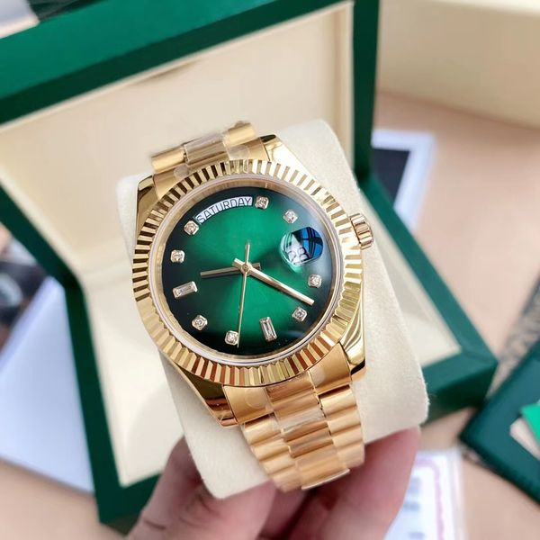 Certificado de caja original Presidente de oro Relojes masculinos Día Fecha Diamantes Esfera verde Reloj Hombres Bisel inoxidable Reloj de pulsera automático 41 mm