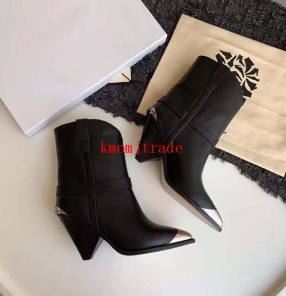 Boîte d'origine Paris Pratique Isabel en cuir authentique Marant Femmes Black Lamsy Boots Pinway Show Steeltoe Metal Ornement Catwalk Strap2645037