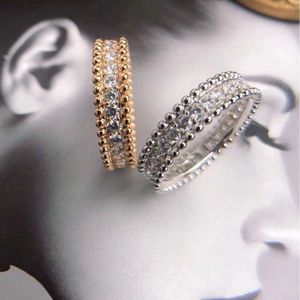 Kaleidoscope de plata esterlina de marca 925 original con borde de perlas y dedo anillo de diamante completo en una fila de oro de 18 quilates de replicidad de incrustaciones con logotipo