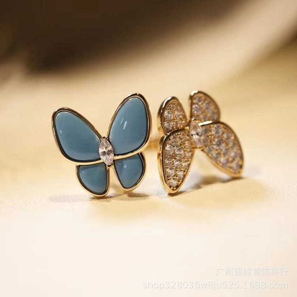 Brand High Version Van Van Double Butterfly Ring Womens Nouveau ensemble turquoise Diamond Open français Asymétrique Meilleur ami R