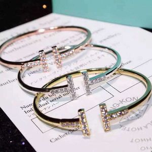 Bracelet double t ouvert en diamant incrusté de diamants pour femmes, marque originale, polyvalent, style TFF avec logo