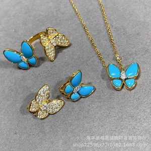Originele merk V Gold High Version Van Butterfly Ring voor dames nieuwe blauwe email Set met diamanten lichte luxe open asymmetrisch