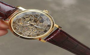 Originele merkwinnaar Gold Fashion Casual Roestloze heren Mechanisch horloge Skelet Hand Windhorloges voor mannen Lederen polshorloge TR1775379