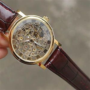 Originele merkwinnaar Gold Fashion Casual Roestvrije heren Mechanisch horloge Skelet Hand Windhorloges voor mannen Lederen polshorloge TR172J