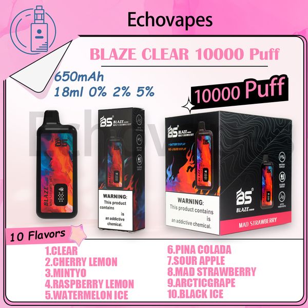 Barre de vapoteur de cigarette électronique jetable originale Breze Stiik BLAZE BS 10000 bouffées avec batterie e-liquide indicateur LED de puissance rechargeable 650 mAh 18 ml de bouffées de pré-remplissage Vape