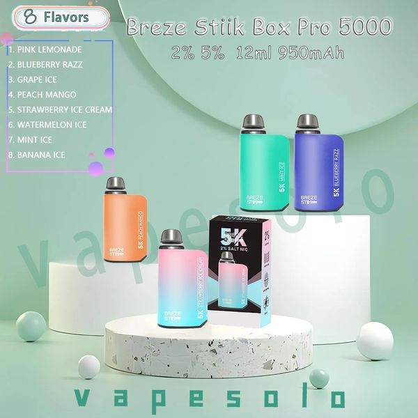 Original Breze Stiik Box Pro 5000 Puff Cigarettes électroniques jetables Batterie rechargeable 950 mAh 12 ml Pod Mesh Coil Puffs 5K Vape Pen