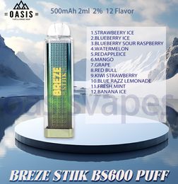 Originele BREZE STIIK BS600 Bladerdeeg Wegwerp E-sigaret Vaper Bar 600 Bladerdeeg Batterijvermogen 500mAh Niet oplaadbaar 2ml 12 Smaken Vape Pen