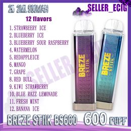 Vapes jetables originales Breze Stiik BS600 Puff 2% Force 2ml Pod 12 saveurs E Cigarettes 500mAh Batterie 600 Puffs Vapes