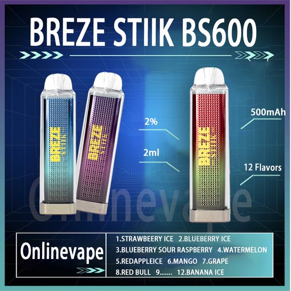Original BREZE STIIK BS600 Puff jetable E Cigarette Vaper 500 mAh 2 ml E-liquide 600 Puff 12 saveurs 2%