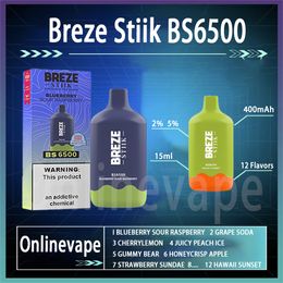 Stylo vape jetable original Breze Stiik BS6500 Puff avec batterie rechargeable E-Juice 650mAh Capacité 16 ml 7500 bouffées 12 saveurs différentes