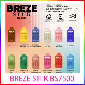 Originele BREZE STIIK BS7500 batterij 600 mah 16 ml vloeibare mesh spoel Unieke Soft touch siliconen verpakt crazvapes bang