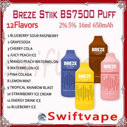 Breze Stiik BS7500 Puff Jetable E Cigarette 12 Saveurs 16ml Pod Batterie Rechargeable 650mAh 2% 5% 7500 Puffs Vape Pen