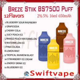 Originele Breze Stiik BS7500 Bladerdeeg Wegwerp E-sigaret 12 Smaken 16ml Pod Oplaadbare Batterij 650mAh 2% 5% 7500 Rookwolken Vape Pen