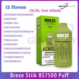 Originele BREZE STIIK BS7500 Bladerdeeg Wegwerp E-sigaret 7500 Bladerdeeg Batterijvermogen 650 mAh oplaadbaar 16 ml LED LED-verlichting gloed 12 smaken Vapes