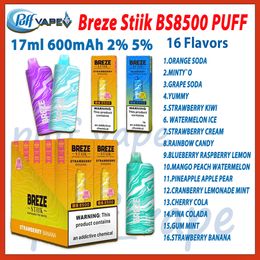 Original Breze Stiik BS8500 Puff Jetable E Cigarette Vape 16 Saveurs 2% 5% Niveau 600mAh Rechareable Bettery Puffs 17ml Mesh Coil 8500 Pufs Vapor kit