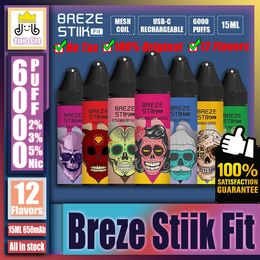 Originele Breze Stiik Fit 6000 6K Bladerdeeg 6000 6K Oplaadbare E-sigaretten 2%/5% Mesh Coil Wegwerp Vape Pen Met 600mAh Batterij 17ml VS BS6500 7500 8500