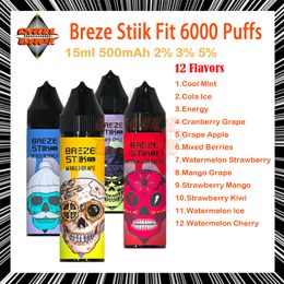 Original Breze Stiik Fit 6000 Puff Vapes jetables 2% 3% 5% Force 15ml Pod 12 Saveurs E Cigarettes 500mAh Batterie 6k Puffs Vapes Kit