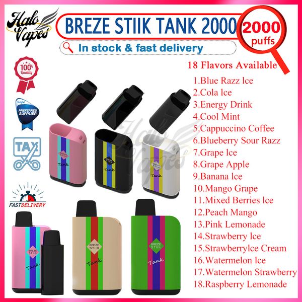 Réservoir Original BREZE STIIK 2000 bouffées de cigarette électronique jetable, barre de vapoteur Rechargeable 650mAh 6ML 2k bouffée 18 saveurs