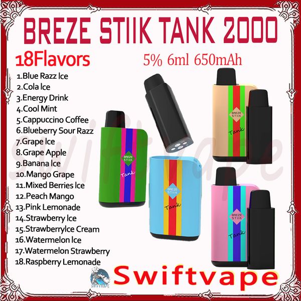 Réservoir d'origine Breze Stiik 2000 Puff cigarette électronique jetable 6 ml 2% 5% 650mAh Batterie 18 saveurs 2k Puffs Vapes Pen