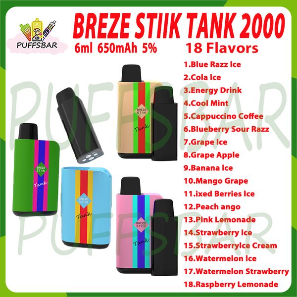 Réservoir original Breze Stiik 2000 bouffées de cigarettes électroniques jetables, cartouche de dosettes pré-remplies de 6 ml, batterie rechargeable de 650 mAh, 2% 5% de bouffées, kit 2k