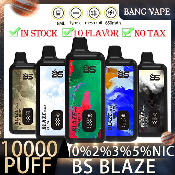 BLAZA BS ORIGINAL 10000 bocanadas de 10k Vape desechable Vapor de 0.8ohm Mole de malla 18 ml POD Batería Recargable E CIRDOS E RGB Luz 10 Sabores Pantalla de aceite de batería Puff 10K