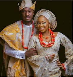 Original Coral africano nupcial disfraz fiesta joyería novia y novio Real Coral cuentas nigeriano boda pareja joyería conjuntos ABH786
