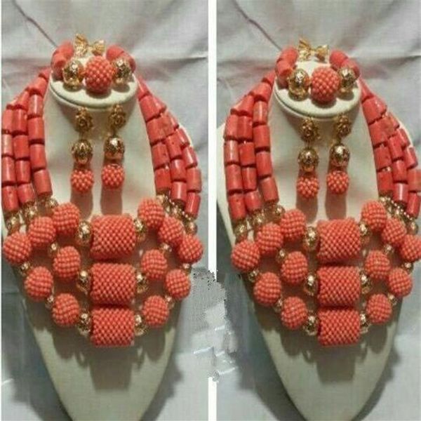 Cuentas de Coral originales, conjuntos de joyería africana de boda nigeriana, conjunto de collar llamativo audaz grueso CNR693 C181227013112