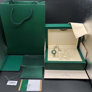 Originele correcte bijpassende papieren veiligheidskaart geschenktas Top groene houten horlogedoos voor Rolex-dozen boekjes horloges afdrukken aangepaste Car3045