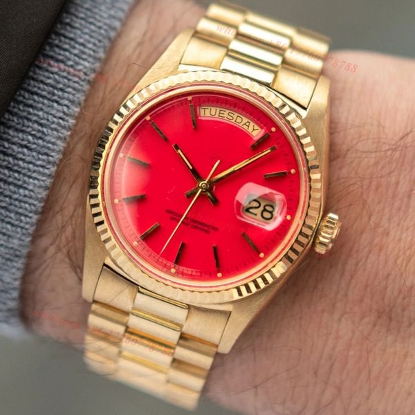 Date de jour originale montre des mouvements de mouvement automatique Designer Coral Red Stella Dial Mens Wrist Wrists Luxury Rollex Montres pour hommes Montre Dhgate Nouveau