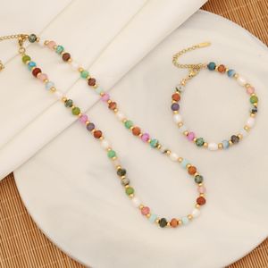 Origineel ontwerp kleurrijke natuursteen zoetwater parels ketting armband oorbel voor vrouwen cadeau