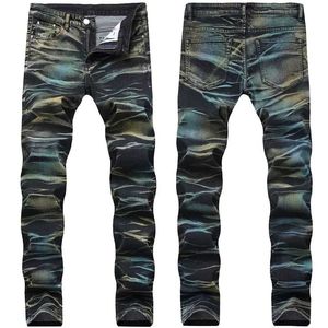 Design original Jeans élastiques Pantalons pour hommes Longs Hommes Mode Peint Camouflage Stretch Droit Slim Pantalon en denim imprimé 211111