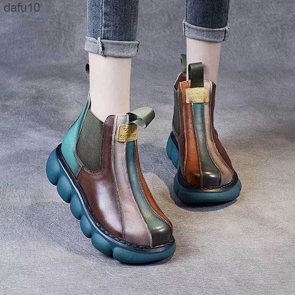 Diseño original Botas cortas de cuero para mujer Botas para mujer Zapatos de plataforma Punta redonda Estilo británico Cremallera lateral VERDE MARRÓN Dropship L230704