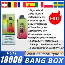 Original BANG BOX 18000 bouffées de stylo vape jetable 18k vape bangbar 26ml cartouches préremplies pod 850mah 0% 2% 3% 5% E Cigarette Type-c vs vapme shisha 15k