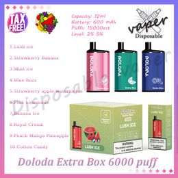 Original Doloda Extra Box 6000 Puff Vape Pen desechable 12 ml Pod precargado Bobina de malla 650 mAh Batería recargable 2% 5% Evaporador E Cigarrillo 10 sabores En stock