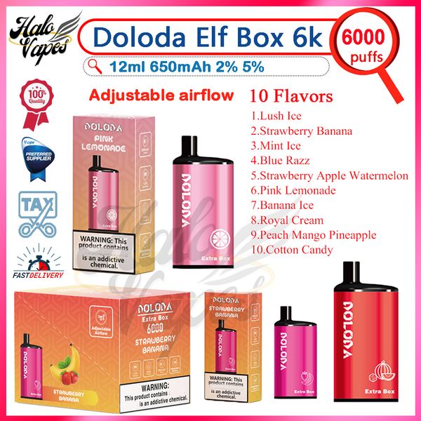 Original Doloda Extra Box 6000 Puff Vape Pen desechable 1.2ohm Bobina de malla 12 ml Pod 650 mAh Batería recargable Puffs 6K 2% 5% Fuerza E Cigarrillos 10 sabores en stock