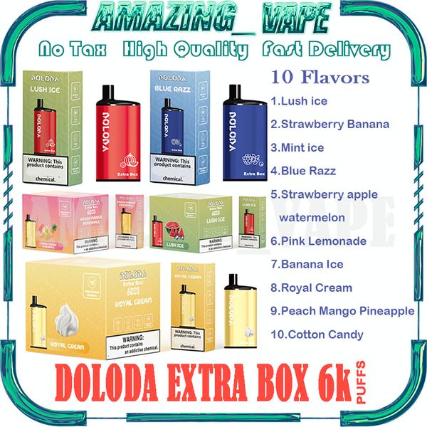 Original DOLODA EXTRA BOX 6000 Puff Jetable E Cigarettes 1.2ohm Mesh Coil 12ml Pod Batterie Rechargeable Électronique Cigs Puff 6K 2% 5% Vape Bar Kit