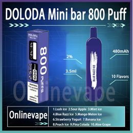 Originele Doloda Mini Bar 800 PLUFT WEGPOBLE ECIGRETES 1.2OHM MESH COIL 3,5 ml POD 480 MAH Batterij Puff 800 2% VAPE PEN KIT