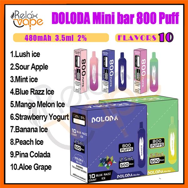 Doloda Mini Bar 800 Puffle Disposable Vape Pen Mesh Coil E Cigarettes 3,5 ml POD 480mAh Batterie de type 2% Niveau en stock