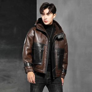 Original écologique cuir et fourrure intégré hommes veste courte à capuche hiver concepteur lâche 9KLJ