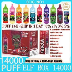 Original ELF BOX 14000 Puff Disposable E Cigarettes 1.0ohm Mesh Coil 25ml Pod Battery Rechargeable Electronic Cigs Puff 14K 0% 2% 3% 5% Disposable Vape Bar