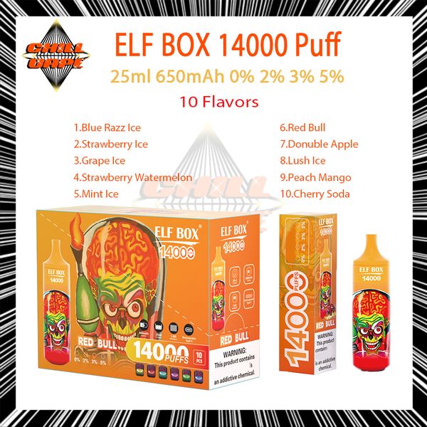 Original ELF BOX 14000 Puff Cigarrillos electrónicos desechables 1.0ohm Bobina de malla 25 ml Pod 600 mAh Batería Recargable Cigarrillos electrónicos Puff 14K 0% 2% 3% 5% Barra de vapeo desechable