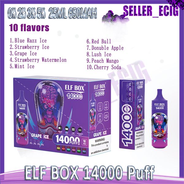 Original ELF BOX 14000 Puff jetables E cigarettes 650mAh Mesh Coil 25ml Pod batterie rechargeable électronique Cigs Puff 14K 0% 2% 3% 5% Vape Pen 10 saveurs
