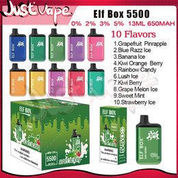 Original Elf Box 5500 Puff Cigarrillos electrónicos desechables Bobina de malla 13 ml Pod 650 mAh Batería Cigarrillos electrónicos Puff 5500 0% 2% 3% 5% 10 sabores Vape Pen