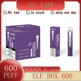 ELF BOX 600 Puff E-cigarette jetable d'origine comprend 2 ml Vape 0/2/3/5% 450mAh Batterie intégrée associée 10 saveurs disponibles 600bouffées