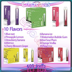 Original Elf Box 600 Puff Vapes desechables Pluma 2 ml Pod precargado 450 mAh Batería recargable E Cigarrillos Puffs 600 2% 5% Fuerza 10 sabores