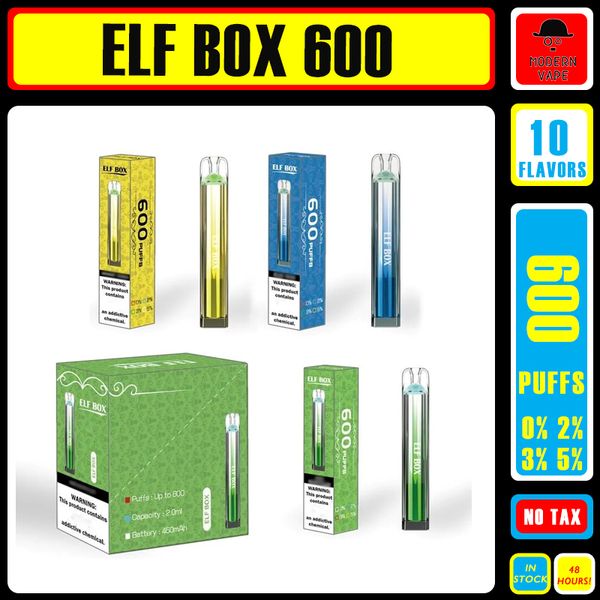 Original ELF BOX 600 Puff E Cigarettes 0% 2% 3% 5% 2ml Pod pré-rempli 450mAh Batterie 10 Saveurs Vape Pen Puffs jetables 600 en stock