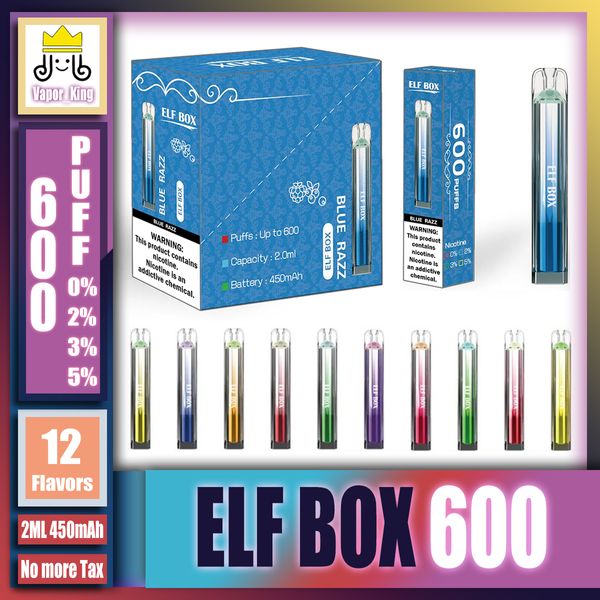 Original ELF BOX 600 Puffs Crystal Shell Desechables Vapes Pen E Cigarrillos 2 ml 450 mAh Pod Mesh Coil Recargable Aire ajustable 0% 2% 3% 5% Dispositivo