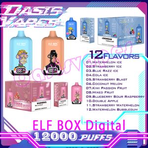 Original ELF BOX Digital 12000 Puff Bars Jetable Vape Pen E cigarettes 23 ml Cartouche de dosettes pré-remplies 500 mAh Batterie rechargeable Puffs 7K